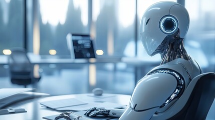 Poster - Advanced Android Working in a Futuristic Office Space With Cutting-Edge Technology