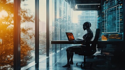 Poster - Advanced Android Working in a Modern Office Space, Utilizing Innovative Technology in a Futuristic Setting