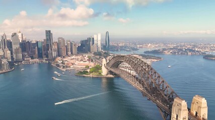 Wall Mural - Aerial drone view of Sydney City, the Sydney Harbour and Harbour Bridge, NSW Australia on a partly cloudy morning in August 2024 