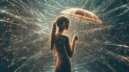 Aufkleber - A Person Holds a Digital Umbrella Amidst Virtual Rain in a Futuristic, Innovative Setting