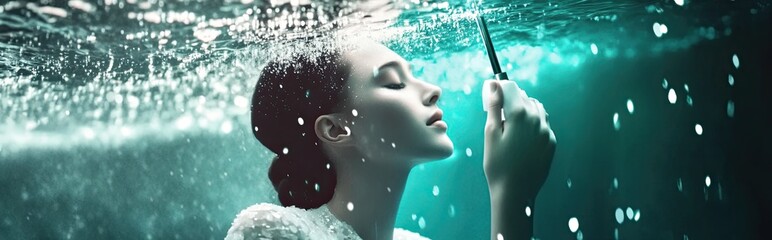 Poster - A Person Holds a Digital Umbrella While Experiencing Virtual Rain in a Futuristic Environment