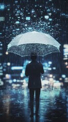 Aufkleber - Person Holding a Digital Umbrella Standing in Virtual Rain During a Futuristic City Evening