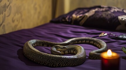 Poster - Kundalini Energy Depicted as a Coiled Snake on a Purple Bedspread With a Candle Nearby