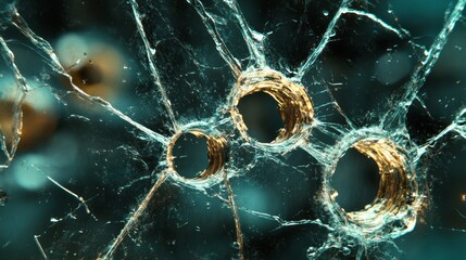 Poster - A close up of a shattered window with three holes in it