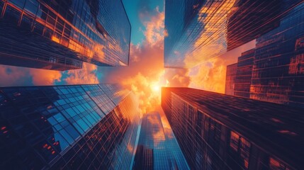 Poster - A city skyline with a large sun in the sky