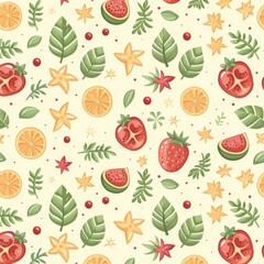 Wall Mural - Colorful summer pattern featuring fruits and leaves on a light background