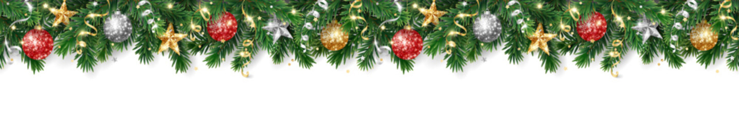 Wall Mural - Christmas seamless decoration isolated on white background. Christmas tree border, frame. Gold and red glitter ornaments, stars. For holiday headers, banners, party posters. Vector.