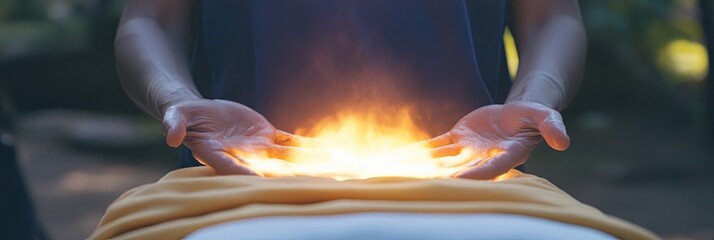 Poster - Healer Conducts Reiki Session With Energy Flow From Hands Outdoors During Daytime