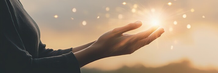 Poster - Person Performing Reiki Healing as Energy Flows Through Hands at Sunset Outdoors