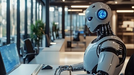 Poster - Robot Collaborating in a Modern Office Space During Daytime With Advanced Technology and a Dynamic Atmosphere