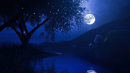 Poster - Tranquil Night Over a Calm Lake With a Glowing Moon and Twinkling Stars