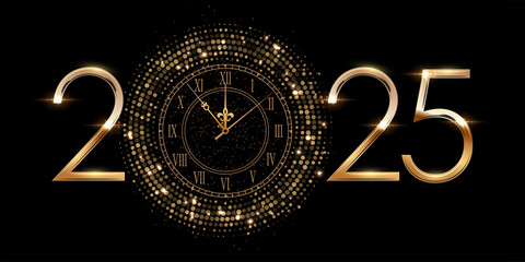 Wall Mural - 2025 happy new year clock countdown background. gold glitter shining in light with sparkles abstract