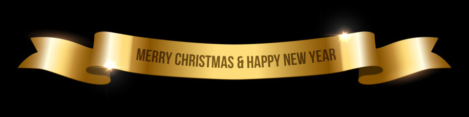 Wall Mural - merry christmas and happy new year gold holiday ribbon on black background. vector isolated xmas and