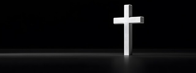 Wall Mural - Minimalist plain black background with a white cross, featuring a solid gray backdrop for product photography with soft lighting and no shadows