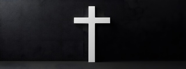 Wall Mural - Minimalist plain black background with a white cross, featuring a solid gray backdrop for product photography with soft lighting and no shadows