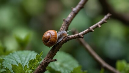 Focus photo of brown snail walking on plant made by AI generative