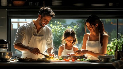 Happy family cooking together in bright kitchen - generative ai