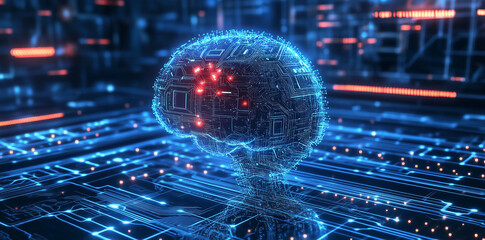 Poster - 3d digital representation of a brain with circuits glowing in a futuristic technology setting, artif