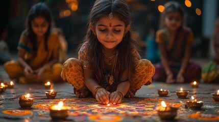 Young girl creating rangoli with diyas - generative ai