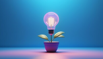 A creative fusion of nature and technology featuring a light bulb sprouting from a potted plant against a blue background.