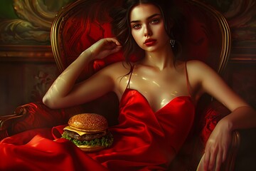 portrait of a woman in red dress with burger