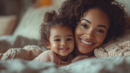 A woman and her daughter are laying on a bed, smiling and looking at the camera