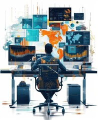 Poster - Man Analyzing Data with Monitors Displaying Charts and World Map