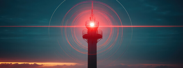 Wall Mural - A lighthouse with a red light is lit up in the night sky