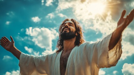 Canvas Print - A man in a white robe is reaching up to the sky, possibly in a religious context