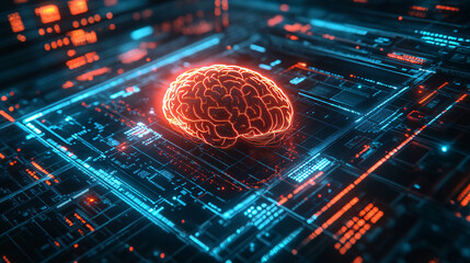 AI human brain, microchip in a brain, brain and computer