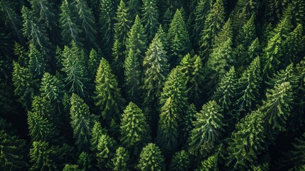 Wall Mural - lush green coniferous forest viewed from above during daylight, showcasing dense trees and natural p