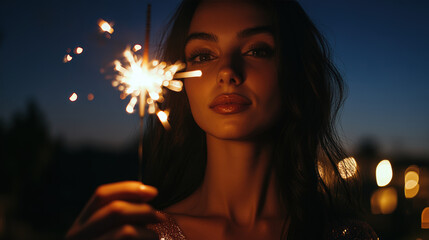 A woman is holding a sparkler in her hand