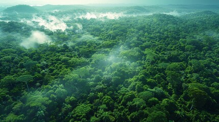 Wall Mural - lush green rainforest with mist rising at dawn, showcasing diverse plant life and tranquil scenery i