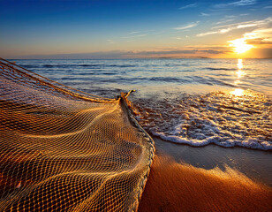 Fish net on the beach at sunset
