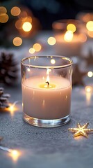 Canvas Print - Blank clear straight candle glass on a concrete surface with minimalistic star decorations and soft fairy lights, modern minimalist Christmas mockup, industrial chic