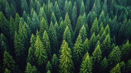 Wall Mural - lush evergreen forest viewed from above, showcasing dense pine trees in vibrant green hues during da