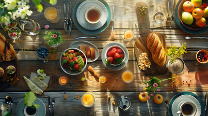 Wall Mural - healthy food table top view featuring avocado toast, fresh fruits like strawberries and blueberries, bowls of yogurt with granola and nuts, directly above view, all arranged on a rustic wooden table.