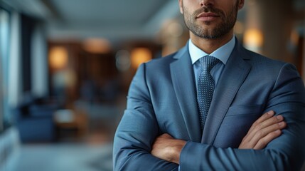 Wall Mural - Professional man in a suit stands confidently with arms crossed in a modern office setting during the day