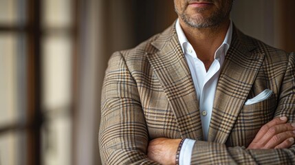 Wall Mural - Man in a stylish plaid blazer with arms crossed in a refined indoor setting during daytime