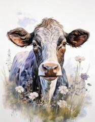 Wall Mural - Cow in summer meadow with a white background 