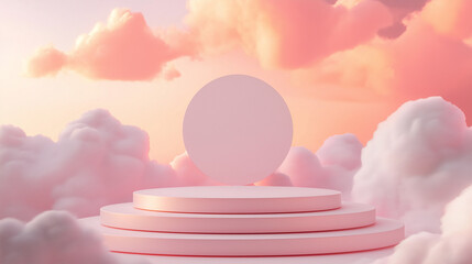 3d rendering of product podium with fluffy clouds. Pink podium mockup for pink product display.