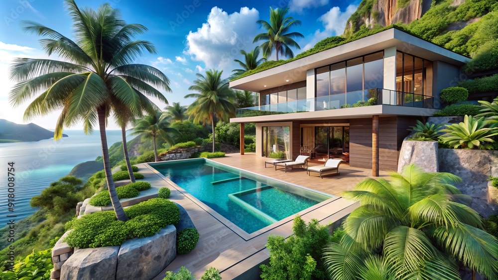 Luxurious modern oceanfront villa with private pool and lush green ...