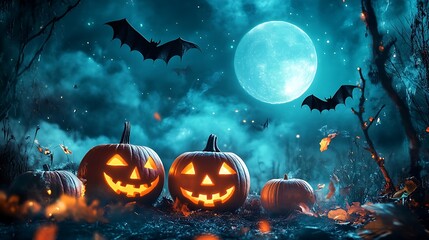 Wall Mural - a spooky halloween scene with jack-o'-lanterns, a full moon, and flying bats