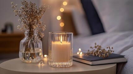 Wall Mural - Blank clear straight candle glass on a bedside table with a cozy knit blanket, a cup of tea, and soft fairy lights, modern warm bedroom mockup, elegant and inviting