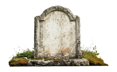 Weathered gravestone surrounded by overgrown grass, cut out - stock png.