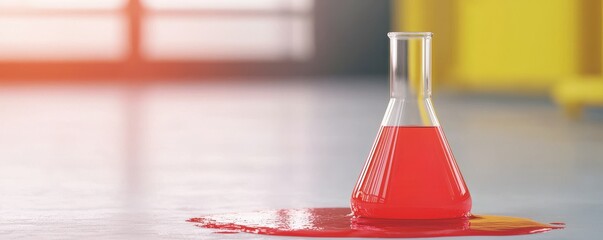 A laboratory scene featuring a glass beaker spilling vibrant red liquid onto the floor, creating a dramatic visual contrast.