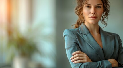 Wall Mural - Confident businesswoman standing with arms crossed in a modern office setting during daylight