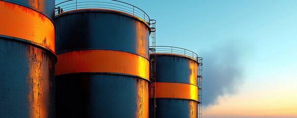 Industrial storage tanks against a vibrant sunset sky, showcasing colors of orange and blue in a dramatic landscape.