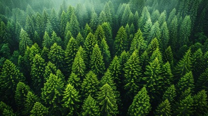 Wall Mural - aerial view of lush pine forest in the early morning mist