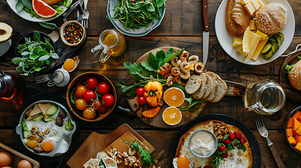 Wall Mural - healthy food table top view featuring avocado toast, fresh fruits like strawberries and blueberries, bowls of yogurt with granola and nuts, directly above view, all arranged on a rustic wooden table.